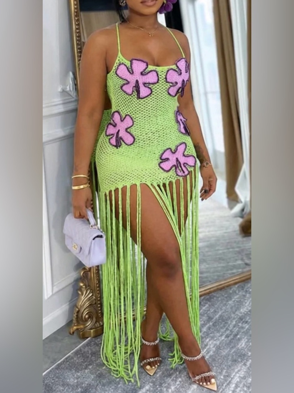 Lime Green Crochet Mini Dress with Floral Appliqués and Fringe